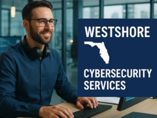 Smiling IT specialist at desk with code on screen and blue overlay promoting Cybersecurity Services in Westshore, Florida.