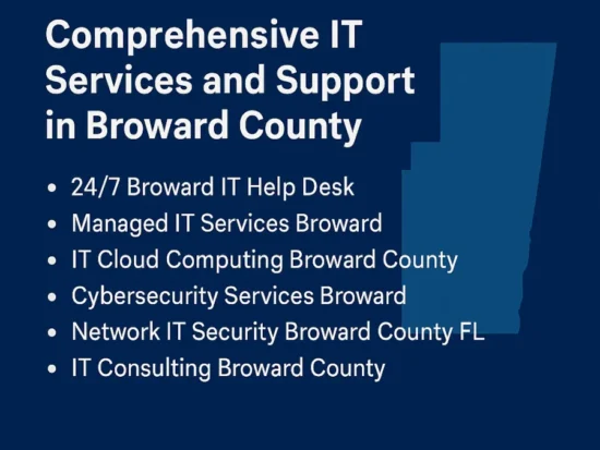Infographic listing IT services in Broward County including help desk, cloud computing, and cybersecurity, with county map silhouette.