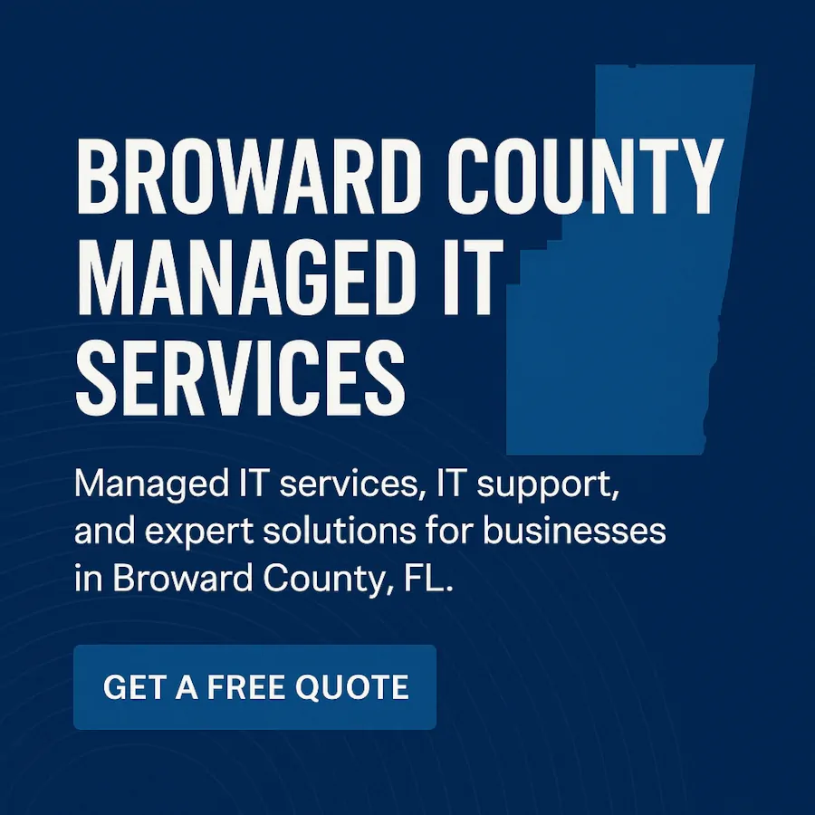 Call-to-action graphic for Broward County Managed IT Services with a free quote button and county map outline.