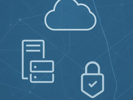 Cloud computing and cybersecurity icons over a network background with Saint Johns County Florida map outline.