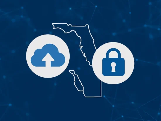 Call-to-action image showing cloud upload and lock icons with Saint Johns County Florida outline, encouraging IT support inquiries.