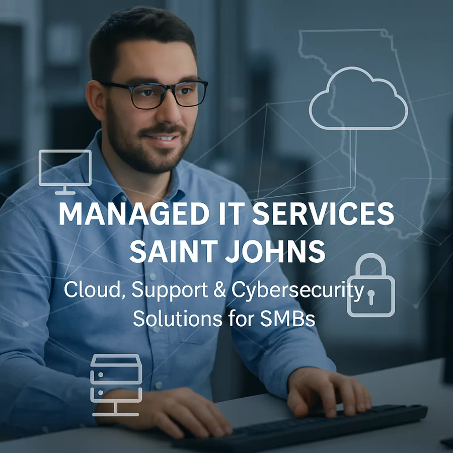IT technician with cloud and cybersecurity icons representing managed IT services in Saint Johns County Florida.