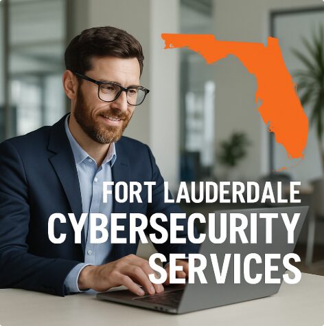 Professional man working on laptop in bright office with orange Florida silhouette and bold text promoting Cybersecurity Services in Fort Lauderdale, Florida.