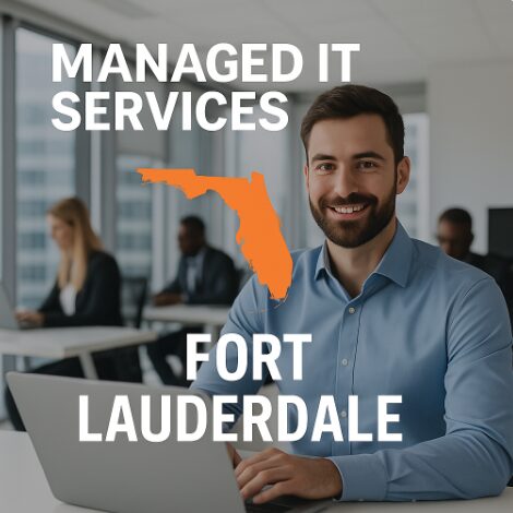 Smiling professional in bright office with orange Florida silhouette and bold text promoting Fort Lauderdale Managed IT Services.