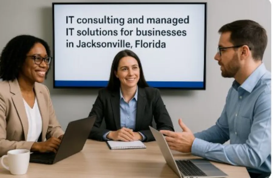 IT professionals securing business data with cybersecurity services in Jacksonville, Florida.