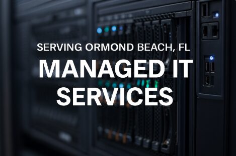 Server rack with active network lights and power ports, representing IT Support for small businesses in Ormond Beach, Florida.