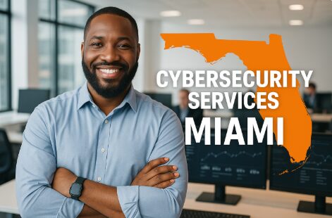 Confident IT professional in modern office with orange Florida silhouette and bold text promoting Cybersecurity Services in Miami, Florida.