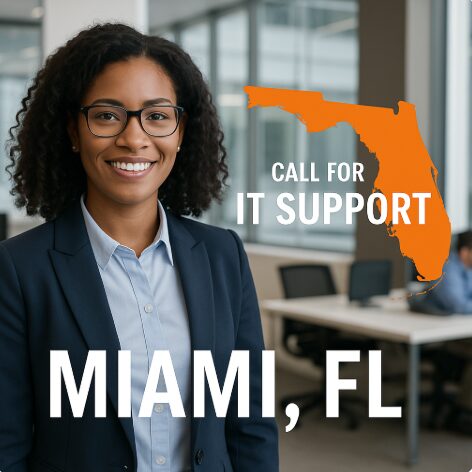 Smiling professional woman in modern office with orange Florida silhouette and bold text promoting IT Support in Miami, Florida.