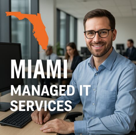 Smiling IT professional in modern office with orange Florida silhouette and bold text promoting Miami Managed IT Services.