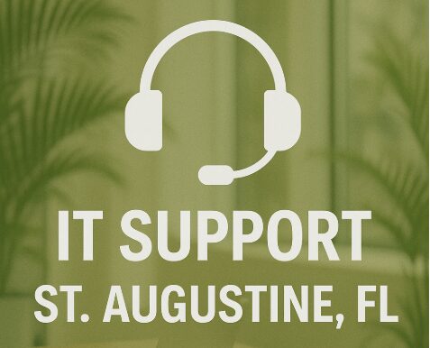 Graphic featuring a headset icon and laptop in a modern office setting with text promoting IT Support in St. Augustine, Florida.
