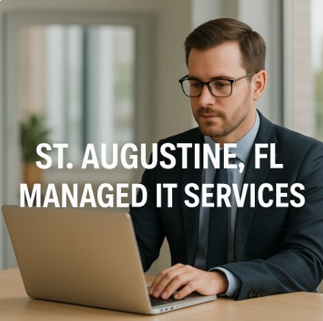Professional man in a suit working on a laptop in a modern office, promoting St Augustine Managed IT Services