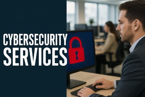 Professional in modern office viewing red padlock graphic on screen with bold text promoting Cybersecurity Services in Tampa, Florida.