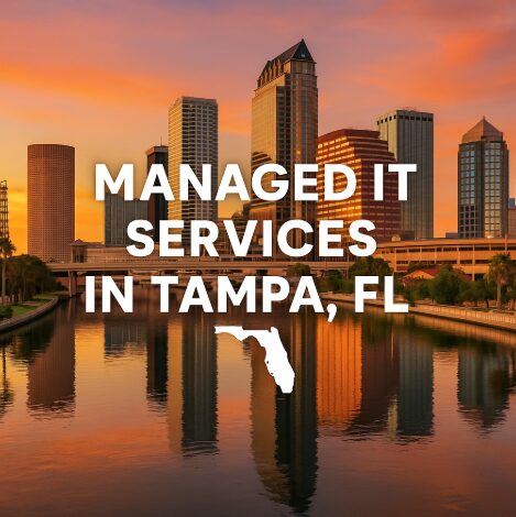 Sunset skyline of Tampa, FL with river reflection and bold text promoting Tampa Managed IT Services.