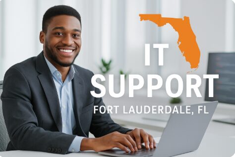 Smiling IT professional at bright office desk with orange Florida silhouette and bold text promoting IT Support in Fort Lauderdale, Florida.