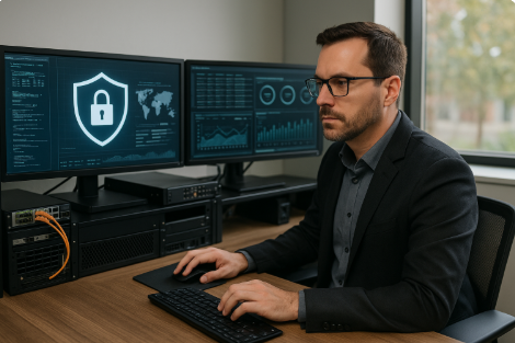 Cybersecurity professional monitoring network security and data protection systems on multiple screens in a modern Acworth, GA office environment.