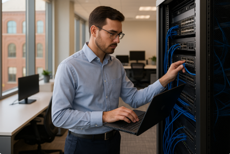 IT professional configuring network cables and managing server infrastructure in a modern Acworth, GA office environment.