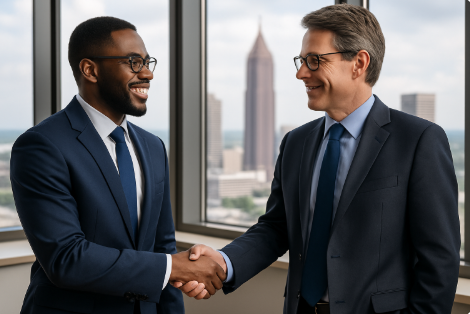 Two professionals shaking hands in an office, representing co managed IT in Atlanta, Georgia.