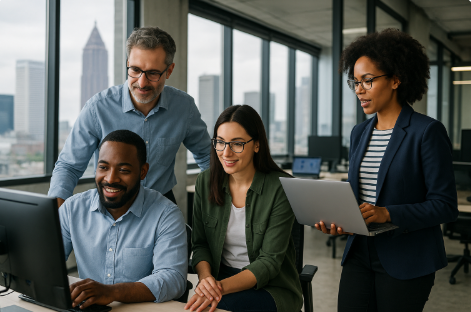 IT consultants and business professionals collaborating at a desk about Atlanta Co-Managed IT Services.