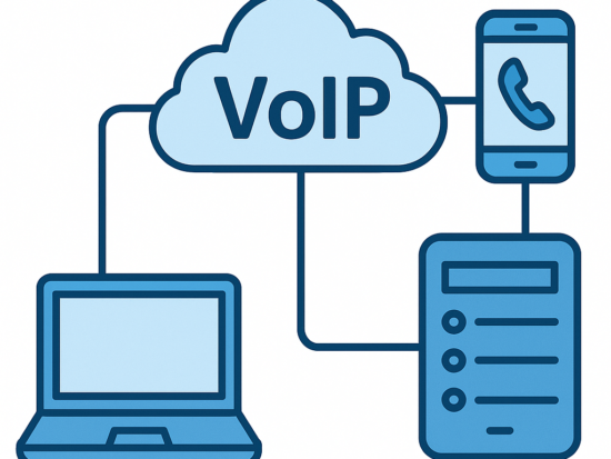 Illustration of cloud-based VoIP architecture showing laptop, mobile phone, and server icons connected to a central cloud for Georgia businesses.