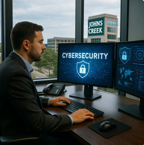 Cybersecurity expert monitoring network security and data protection on multiple screens in a modern Johns Creek, GA office environment with city signage visible through large windows.