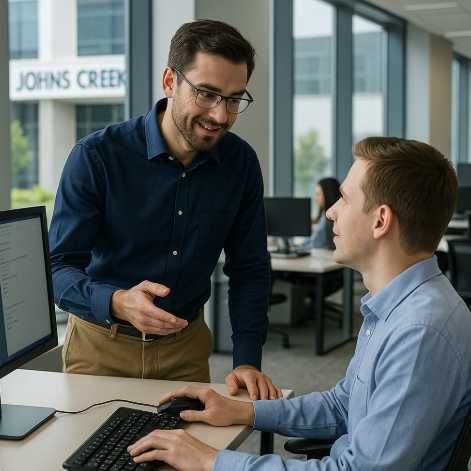 IT support technician assisting employee with computer troubleshooting in a modern Johns Creek, GA office environment with city signage visible through large windows.