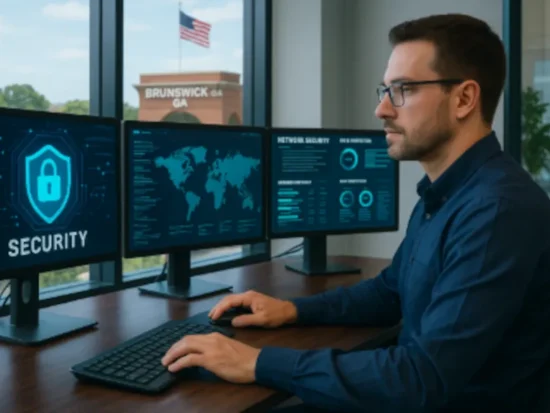 IT professionals securing business data with cybersecurity services in Brunswick, Georgia office environment with city skyline visible through large windows.