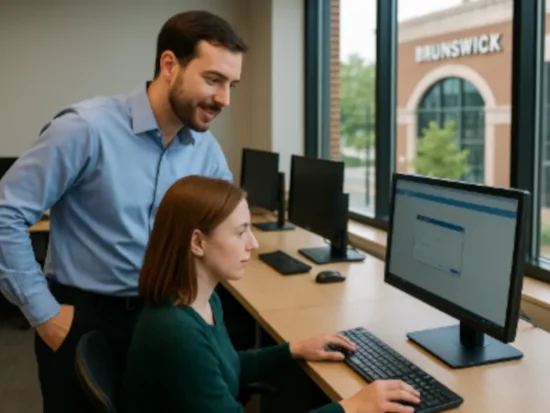 IT technician providing business IT support in Brunswick, Georgia office environment with city buildings visible through large windows.