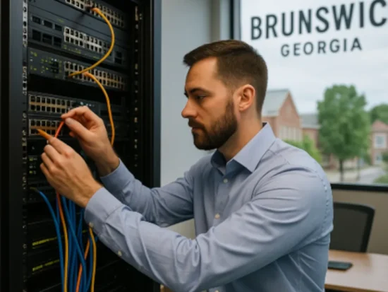 Professional IT technicians providing local businesses with Brunswick Managed IT Services, in a Georgia office environment with city signage visible through large windows.