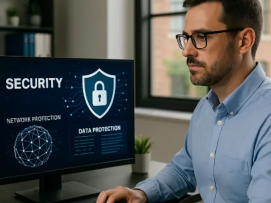 IT professional securing business data with cybersecurity services in Canton, Georgia office environment.