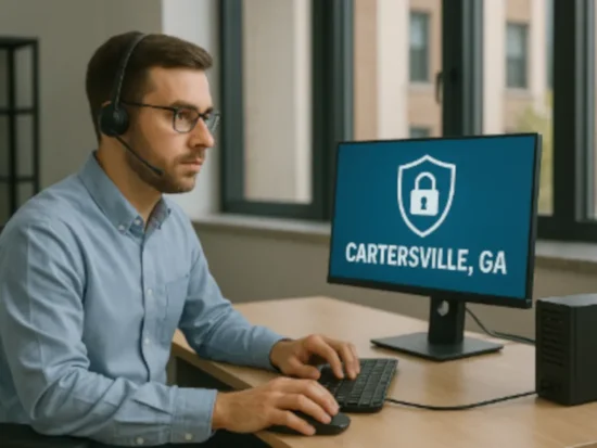 Cybersecurity services specialist in Cartersville, Georgia monitoring network security at a professional business office with secure data protection displayed on screen.