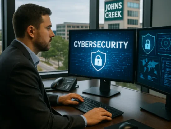 IT professional securing business data with cybersecurity services in  Johns Creek, Georgia office environment with city signage visible through large windows.