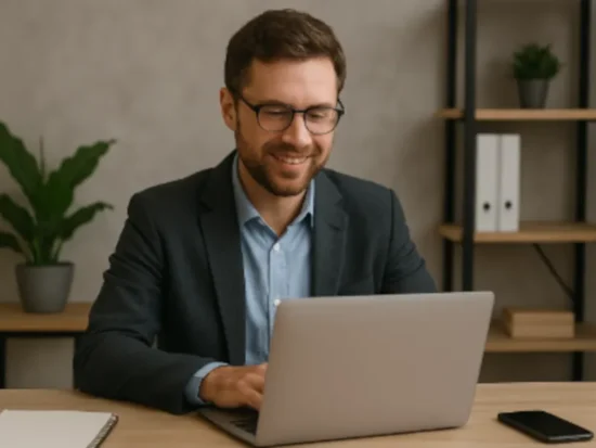 Professional man smiling while working on a laptop in a modern office, representing Roswell Managed IT Services.