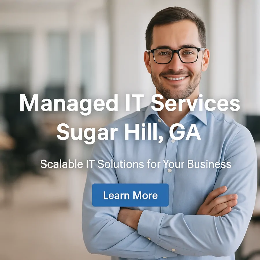 Professional IT consultant smiling in a modern office environment, promoting managed IT services in Sugar Hill, GA with overlay text and a Learn More button.