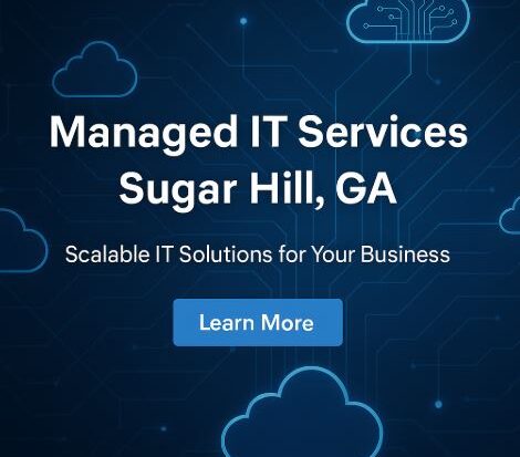 Cloud and infrastructure graphics representing managed IT services in Sugar Hill, GA, with digital cloud icons and circuit lines on a blue background.