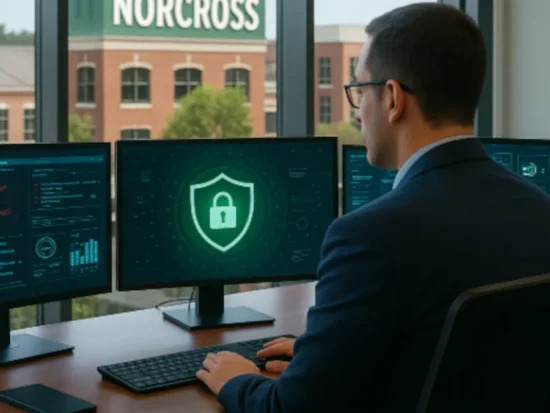 IT professionals securing business data with cybersecurity services in Norcross, Georgia office environment with city signage visible through large windows.