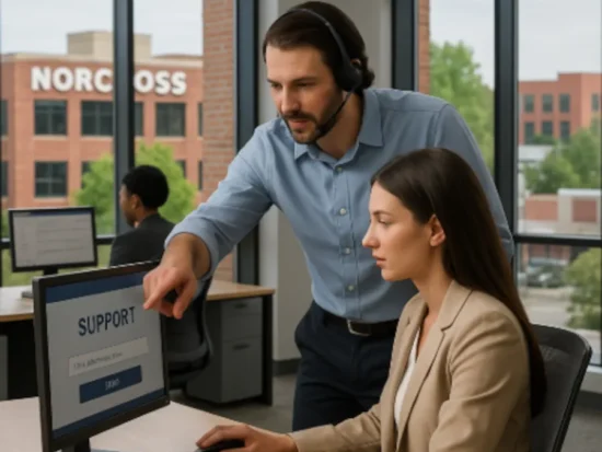 IT technician providing business IT support in Norcross, Georgia office environment with city signage visible through large windows.