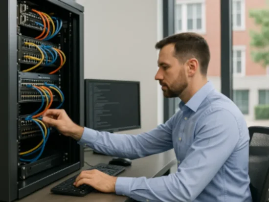 Professional IT technicians providing local businesses with Norcross Managed IT Services in an office environment with city buildings visible through large windows.