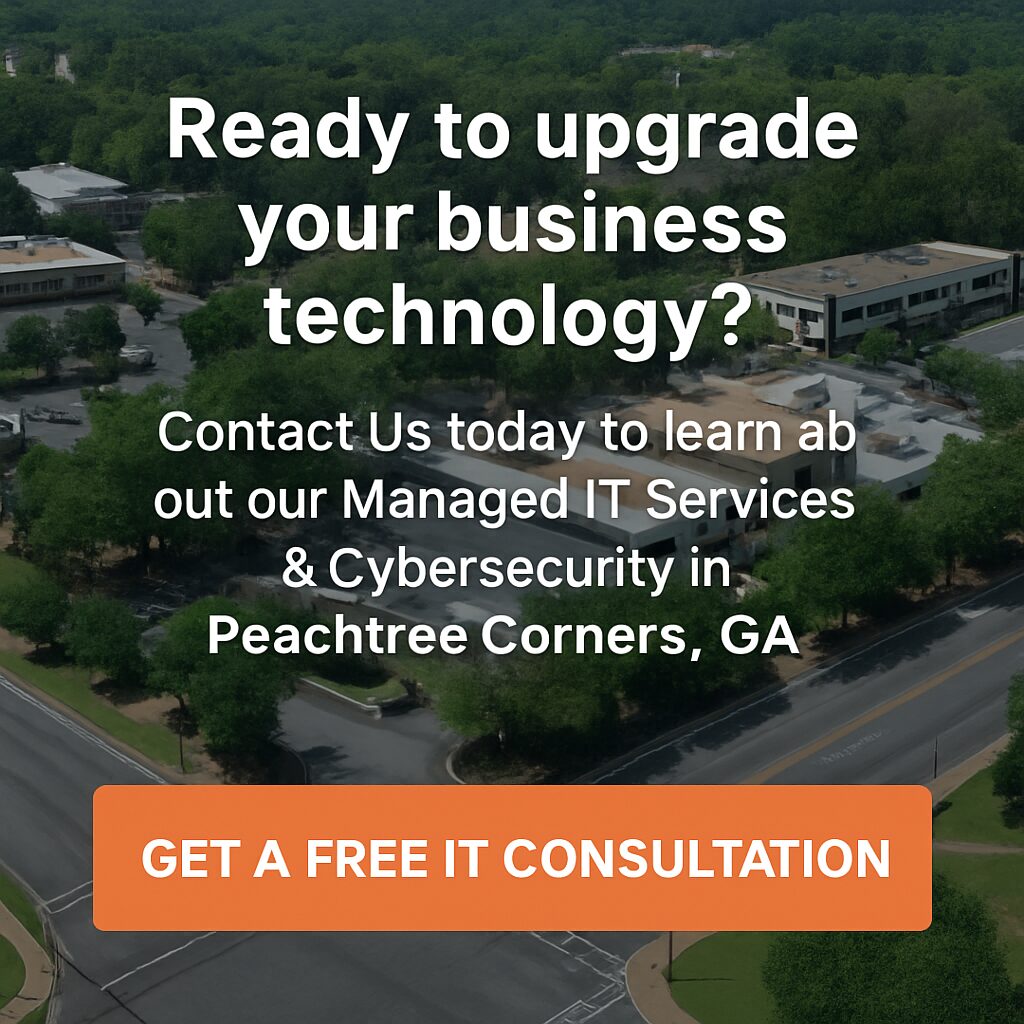 Aerial view of Peachtree Corners commercial district with overlaid text promoting managed IT services and cybersecurity, featuring a bold orange button that reads "Get a Free IT Consultation."