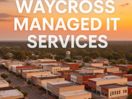 Aerial view of Waycross, Georgia at sunset with “WAYCROSS MANAGED IT SERVICES” text overlayed.