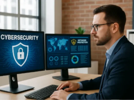 IT professional securing business data with cybersecurity services in Woodstock, Georgia office.