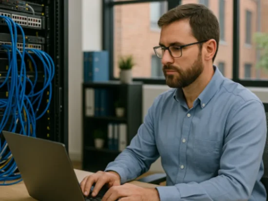 Professional IT technician providing local businesses with Woodstock Managed IT Services office setting.