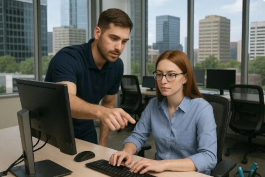 IT support technician assisting employee with computer troubleshooting in a modern Alpharetta, GA office environment with city skyline visible through large windows.