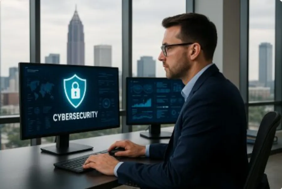 IT professional securing business data with cybersecurity services in Atlanta, Georgia office environment with the city skyline visible through large windows.
