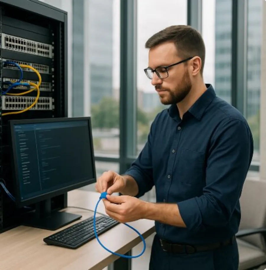 Professional IT technician providing local businesses with Atlanta Managed IT Services in an office environment.