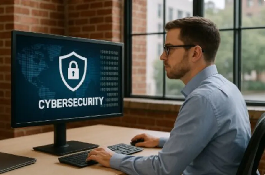 Cybersecurity services professional monitoring network security and data protection in a Savannah, Georgia office with secure systems displayed on screen.