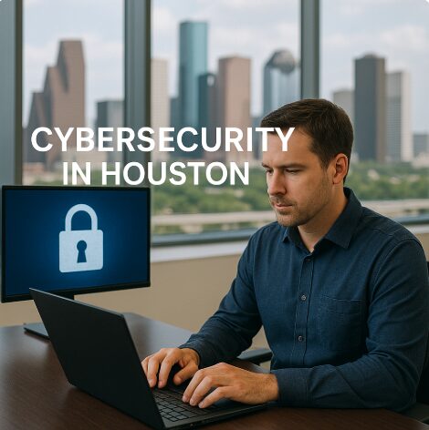 "Cybersecurity professional working on a laptop in a modern Houston office with a padlock icon on a monitor and the Houston skyline visible through large windows, with the text 'Cybersecurity in Houston, Texas' overlaid on the image."