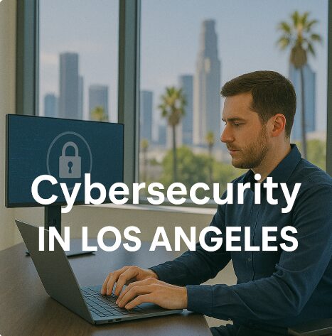 "Cybersecurity professional working on a laptop in a modern Los Angeles office with a padlock icon on the monitor and the downtown skyline with palm trees visible through the window. The text 'Cybersecurity in Los Angeles' is overlaid on the image."