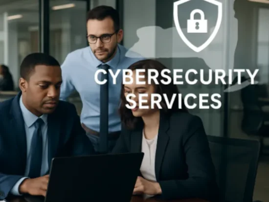 Three professionals collaborating on a laptop in a modern office with shield icon and text overlay promoting Cybersecurity Services in New York.