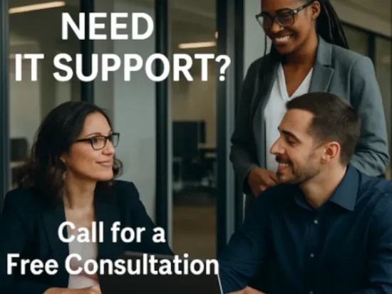 Group of professionals in a modern office with text overlay asking Need IT Support in New York? and Call for a Free Consultation.