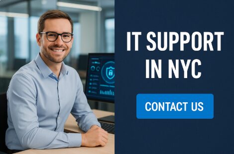 Smiling IT technician in modern NYC office with cybersecurity dashboard and bold text promoting IT Support in NYC with blue Contact Us button.